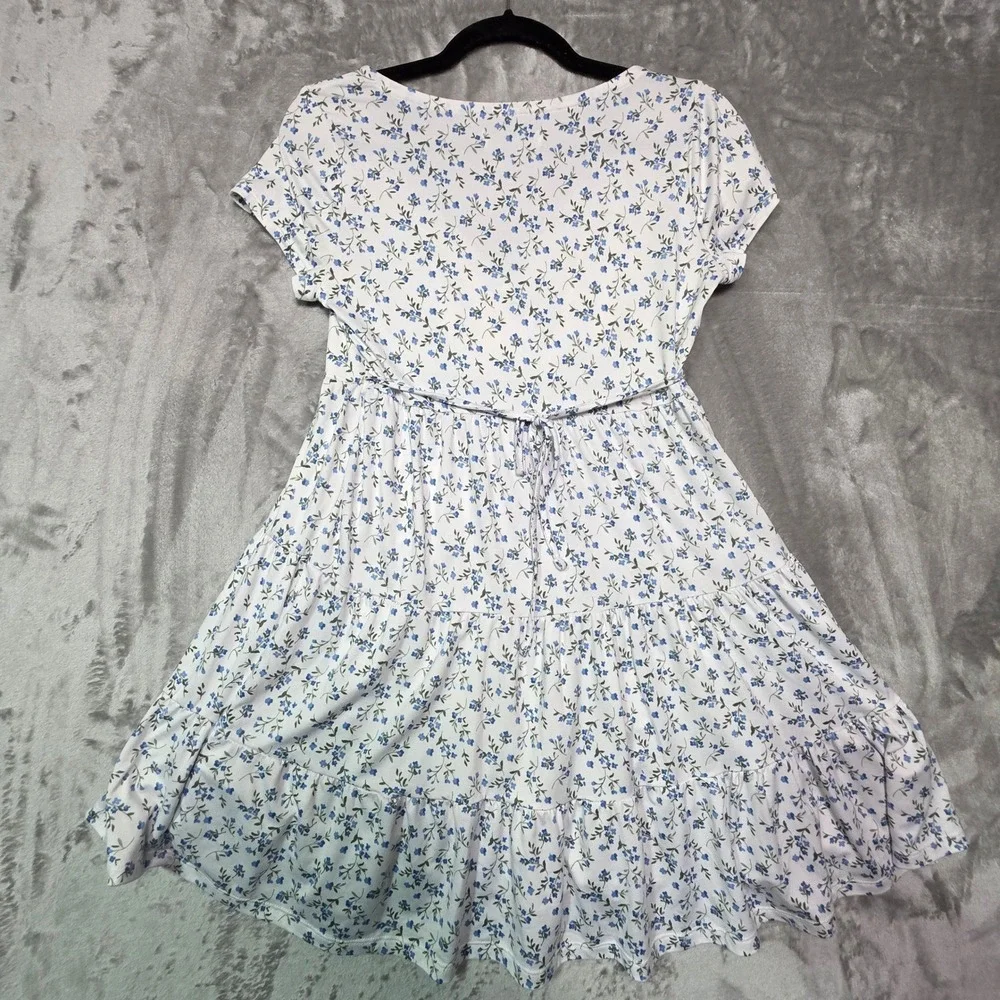 Hollister Girls White Blue Floral Tiered Mini Dress Short Sleeve V-Neck Size M